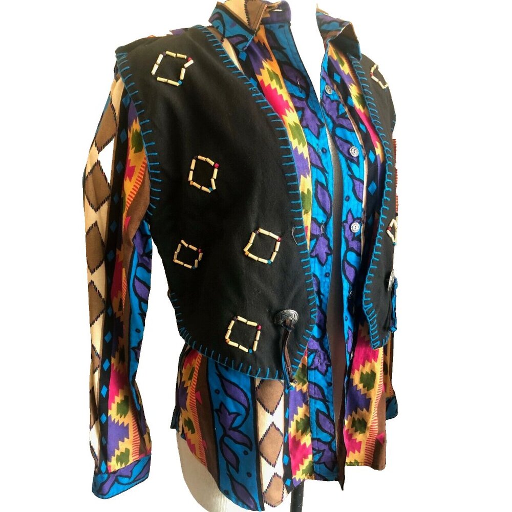 Vintage Rodeo Western Wear Colorful Aztec Tribal Rodeo Shirt Attached Vest Med